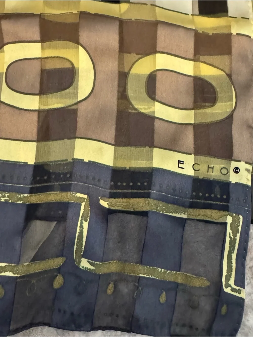 Vintage ECHO Silk Geometric & Stripe Scarf in Brown, Olive, Cream, Navy